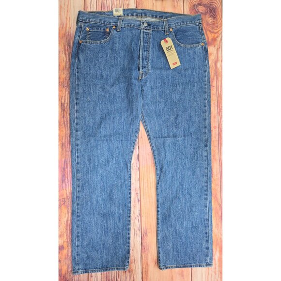 Levis 501 Original Fit Mens Jeans 42X32 Blue Denim Button Fly Straight Leg - Picture 1 of 10
